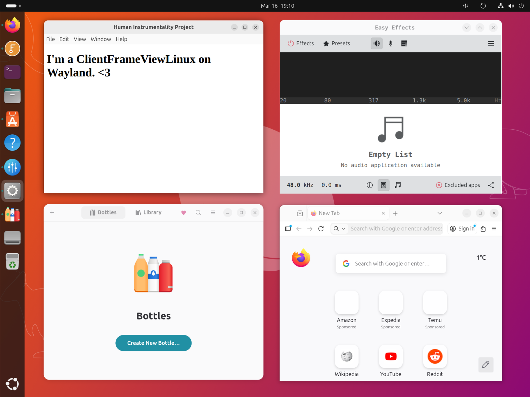 Screenshot of four apps with CSD from different frameworks (clockwise from top-left: Adwaita, Qt, Electron, and Firefox)